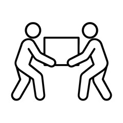 Two people lifting a box icon in outline style representing teamwork and shared responsibility