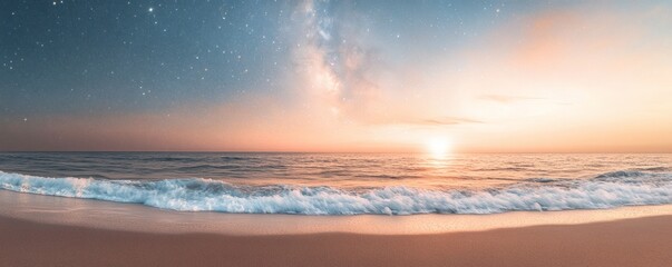 Obraz premium A beautiful beach scene with stars and sunrise over the ocean