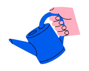 Hand drawn cute illustration human hand holding watering can. Flat vector garden or flower cultivation doodle. Watering pot in arm. Mental health, self care and love sticker, icon or print. Isolated. © Esgoty
