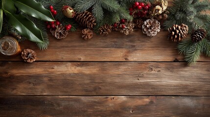 Festive wooden background adorned with pinecones, berries, and greenery for holiday decor.