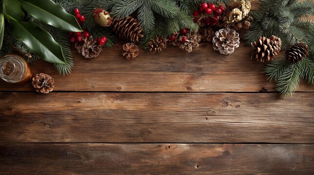 Festive wooden background adorned with pinecones, berries, and greenery for holiday decor.