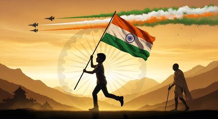  Celebrating Indian Independence Day: A Boy Running with the Flag at Sunset