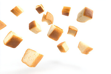 a bunch of bread pieces falling off of a white surface