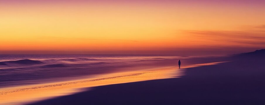 A solitary figure walking on a beach during a colorful sunset - Powered by Adobe