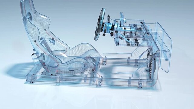 Minimalist 3D racing simulator cockpit translucent frame internal wiring pedals, wireframe seat outline steering wheel, clean futuristic look, seamless loop technical light render, blueprint shadows