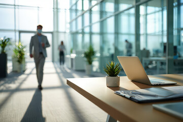 Desk with laptop and plant in modern office with person in mask walking in background near windows