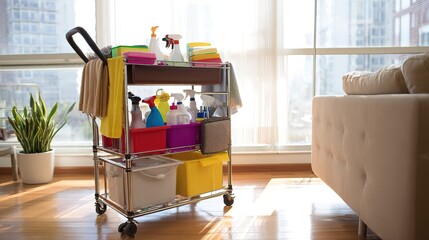 A professional cleaning cart in a renovated home, representing cleanliness and modern living.