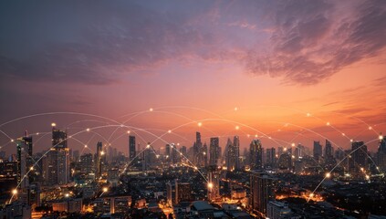 Aerial cityscape at sunset, interconnected network