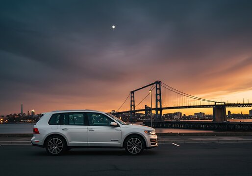 White SUV Parked by the Waterfront at Sunset with Suspension Bridge in Background
