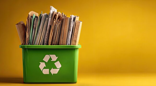Recycled paper and cardboard in a green bin against a mustard yellow background - Powered by Adobe