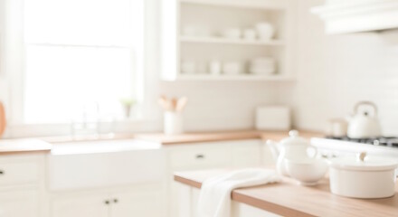 Fototapeta premium Bright Blurred White Kitchen Interior with Wooden Countertops and Natural Light