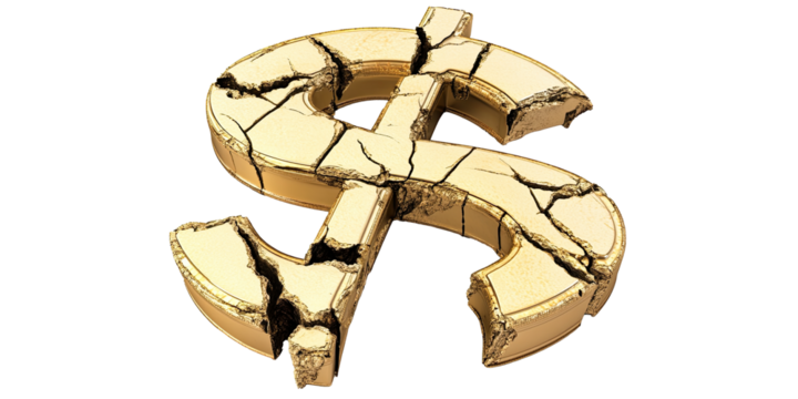 Broken cracked golden dollar currency symbol with shattered surface isolated on white transparent background