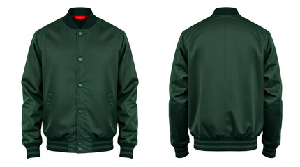 Dark green baseball bomber varsity jacket in front and back view, mockup isolated on transparent background