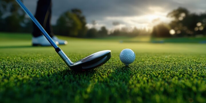 A golfer prepares for a tee shot at sunset.