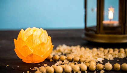 Serene Still Life: Orange Lotus, Wooden Beads, and Candlelit Lantern on Dark Surface