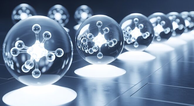 Abstract illustration of spheres with glowing internal structures arranged in a row, representing molecular or atom concepts, perfect for science or technology related themes