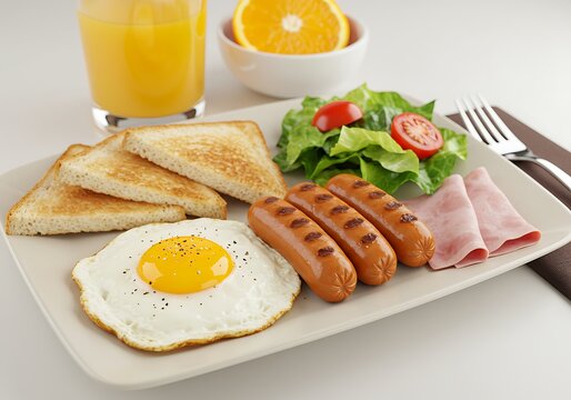 Delicious breakfast with grilled sausages, fried egg, toast and salad