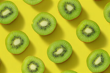 Fototapeta premium Fresh Green Kiwi Slices on Bright Yellow Background in Perfect Arrangement