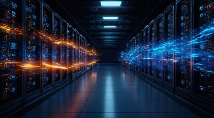 Futuristic server room with vibrant data streams.