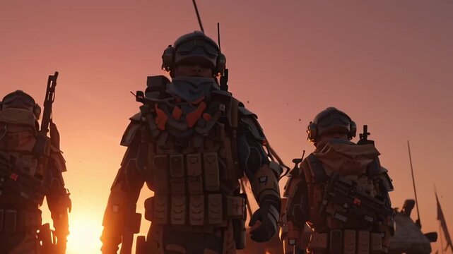 Three weary futuristic soldiers stand motionless desert battlefield sunset, broken drones rusting mechs scattered dust, wind blowing torn flags, cinematic lens flares, moody tones, epic war vibe