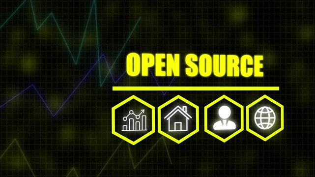 A Open Source business concept on a flashing computer monitor with moving graphs and data. Abstract data graph for business success. Business profit income and capital charts and graphs diagram.