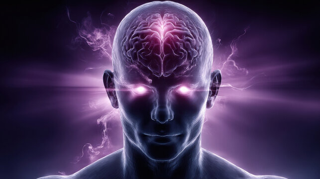 A human awaken to be the better person with the brain highlighted in red, and white eyes against a glowing Purple background