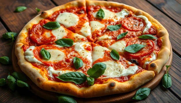 A freshly baked margherita pizza sliced perfectly, placed on a rustic wooden table with basil leaves scattered.