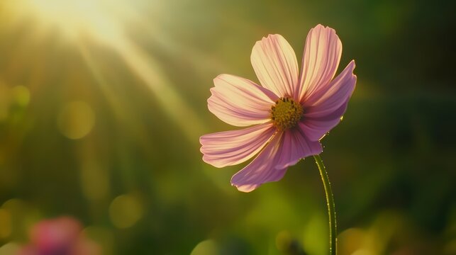 Single pink flower is in the foreground of a green background
