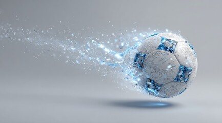 A soccer ball, illuminated by blue light, in mid-flight, with water or ice particles streaking behind it. A light gray background