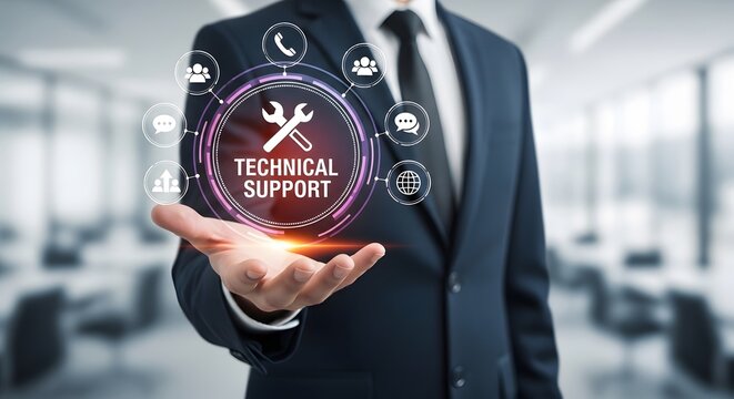 Professional businessman confidently presents technical support solutions with futuristic digital interface glowing.