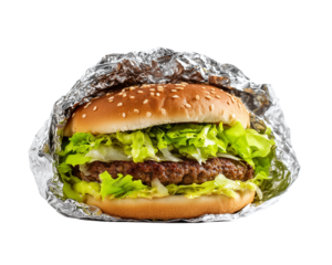 Foil wrapped burger with lettuce