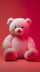 Adorable teddy bear dressed in pink and red, sitting on solid color background, high-definition studio photography, cute and cozy plush toy