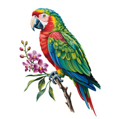 Obraz premium Colorful parrot perched on branch surrounded by vibrant flowers in a tropical setting