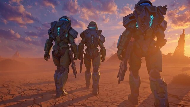 Three space exploration marines stand cracked alien desert two suns, glowing sand particles air, alien distance, surreal rock armor light, amber, violet teal, cinematic sci-fi mood, 4K wide angle