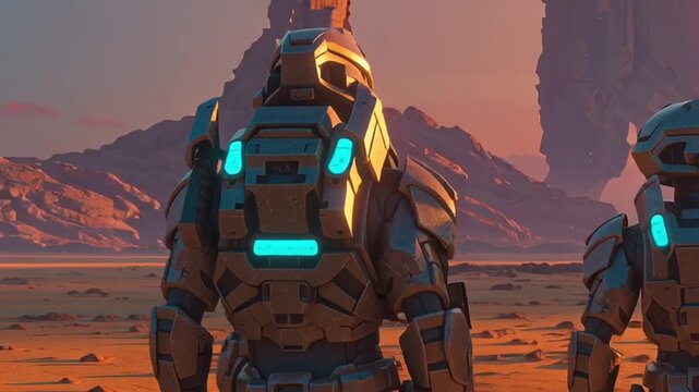 Three space exploration marines stand cracked alien desert two suns, glowing sand particles air, alien distance, surreal rock armor light, amber, violet teal, cinematic sci-fi mood, 4K wide angle