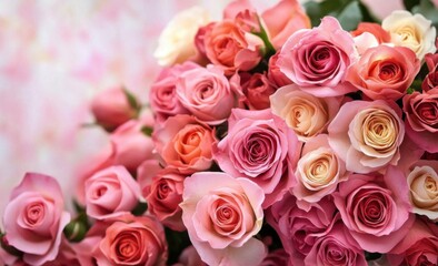 Greeting card for Valentine- wedding day- pink roses background with space for texts