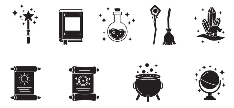 Black and white mystical and magical elements icon set for fantasy themed design