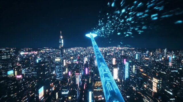 Futuristic Sci-Fi Cityscape at Night with Hyper-Speed Light Beam  Representing Data Flow and High-Tech Connectivity in a Virtual Metropolis
