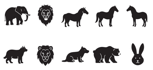 Fototapeta premium Black silhouette collection of animals isolated on white background for design purposes