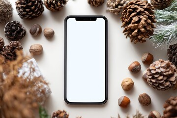 Smartphone surrounded by Christmas-themed decor