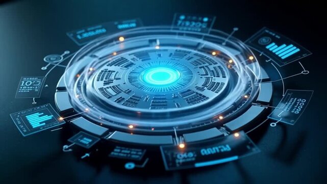 Futuristic technology interface pulsing with bright data and energy, a dynamic AI core illustration, perfect for cutting-edge themes. AI generative video