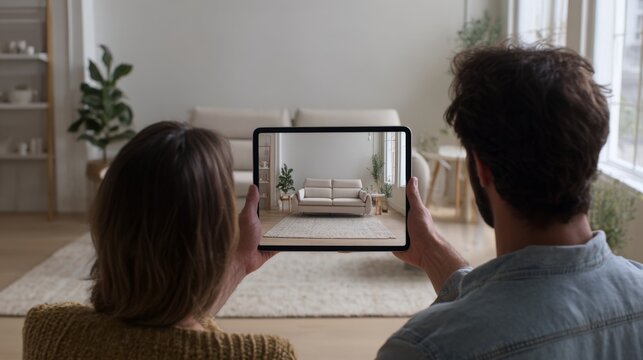Couple Using Augmented Reality Tablet to Visualize New Sofa in Modern Living Room