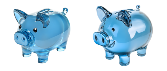 Set of Glass piggy bank in the shape of a pig with a transparent blue colour isolated on transparent background, PNG format, cut out