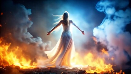 Woman in white dress amidst fire - Powered by Adobe