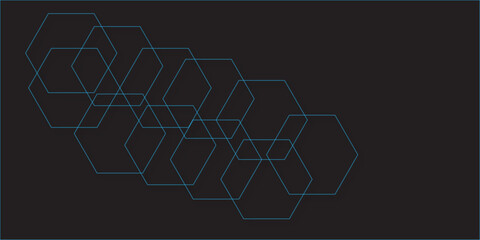 Abstract black background with hexagons.  Abstract blue hexagon or digital technology background. Vector abstract graphic design banner pattern presentation background web template.