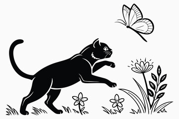  Black flat vector of a cat chasing a butterfly 