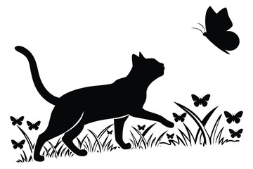 black silhouette cat with flower and butterfly