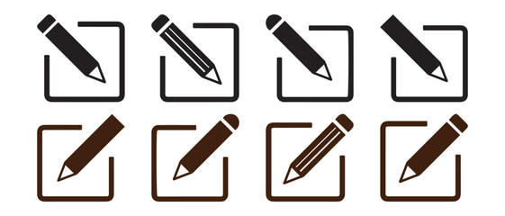 Pencil Icon Set in Squares. Black and Brown Variants with Tilted Orientations for UI and Design.