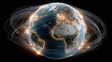 A globe of Earth, centered in the image, is depicted with a network of glowing light trails representing global air routes.