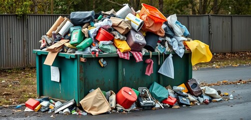 Fototapeta premium Overflowing dumpster, trash spilling onto ground, alley, overflowing bin